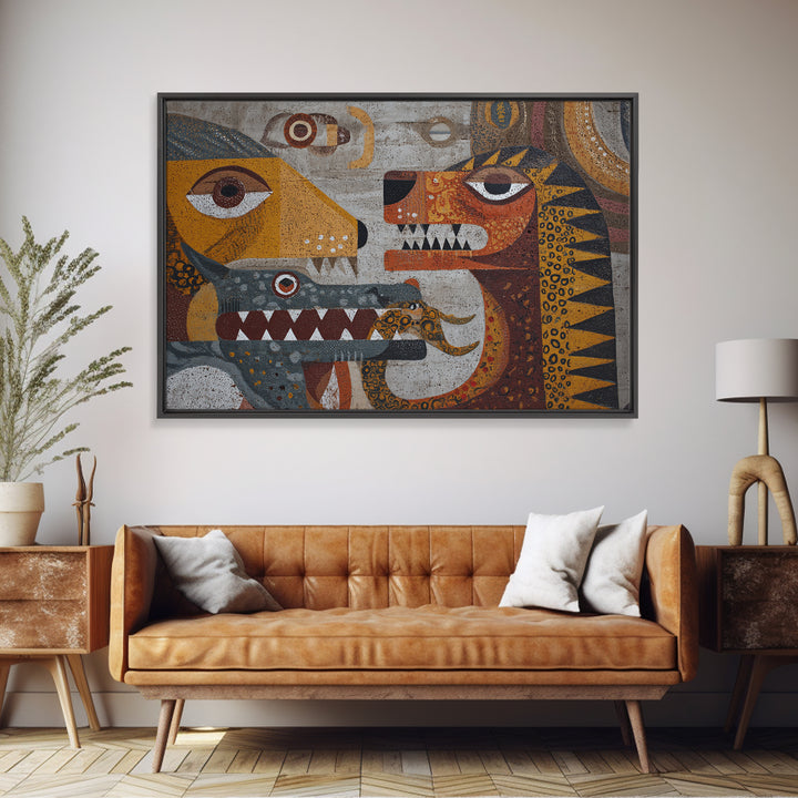 Cubist Tribal Animal Masks Wall Art, African Inspired Abstract Painting, Earth Tone Safari Decor, Modern Canvas Print Gift