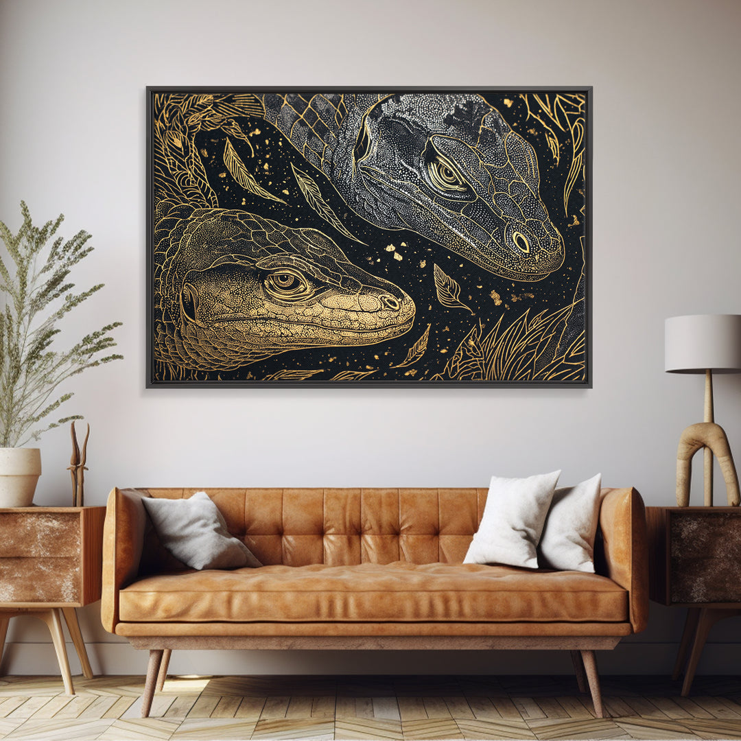 Black And Gold Lizard Pair Wall Art, African Animal Art Print, Elegant Reptile Home Decor, Luxury Canvas Print, Nature Gift