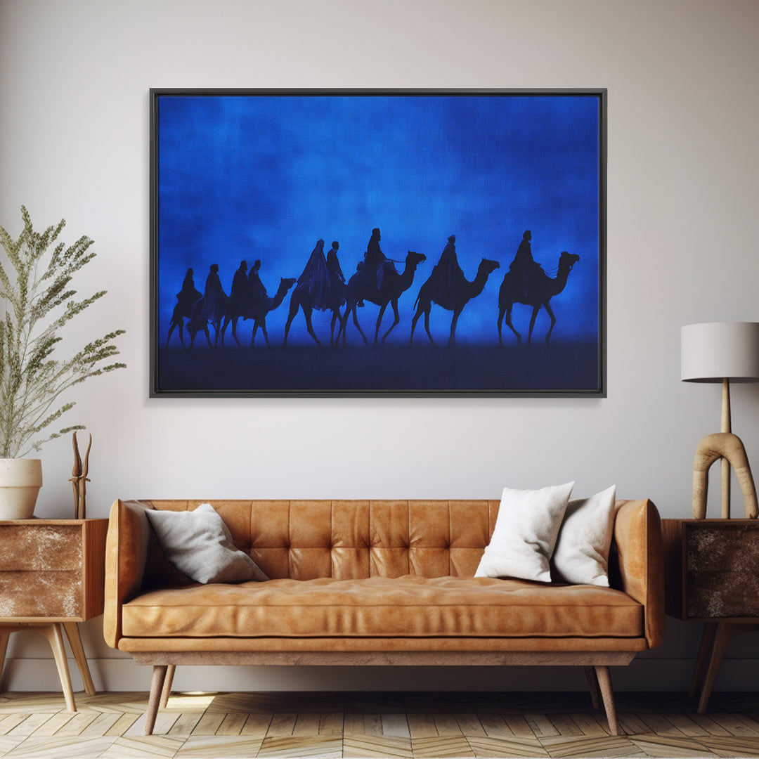 Blue Desert Camel Caravan Silhouette Wall Art, African Travel Poster, Sahara Safari Decor, Minimalist Canvas Print Gift For Him