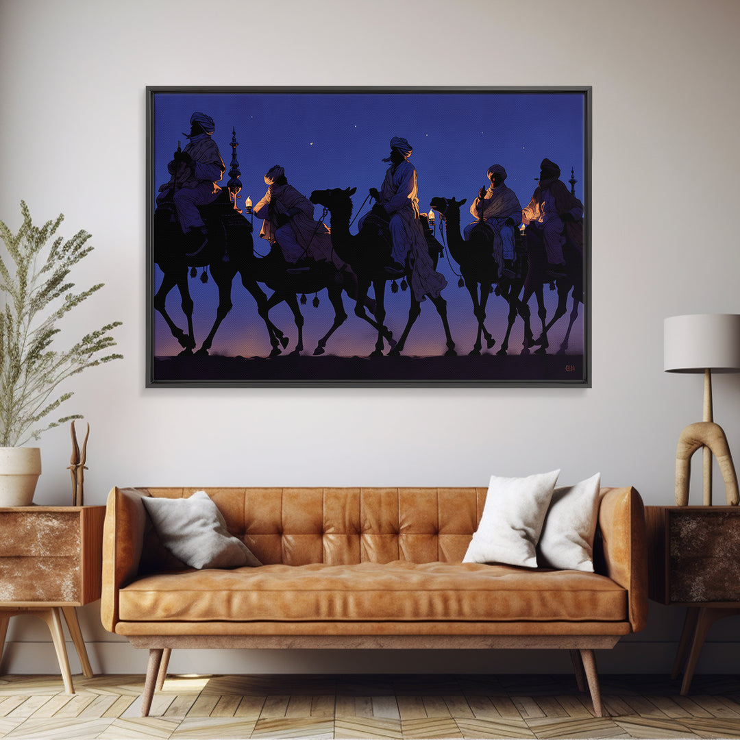 Blue Desert Camel Caravan With Lanterns Canvas Print, African Safari Art, Moroccan Travel Poster, Boho Wall Decor, Living Room Decor