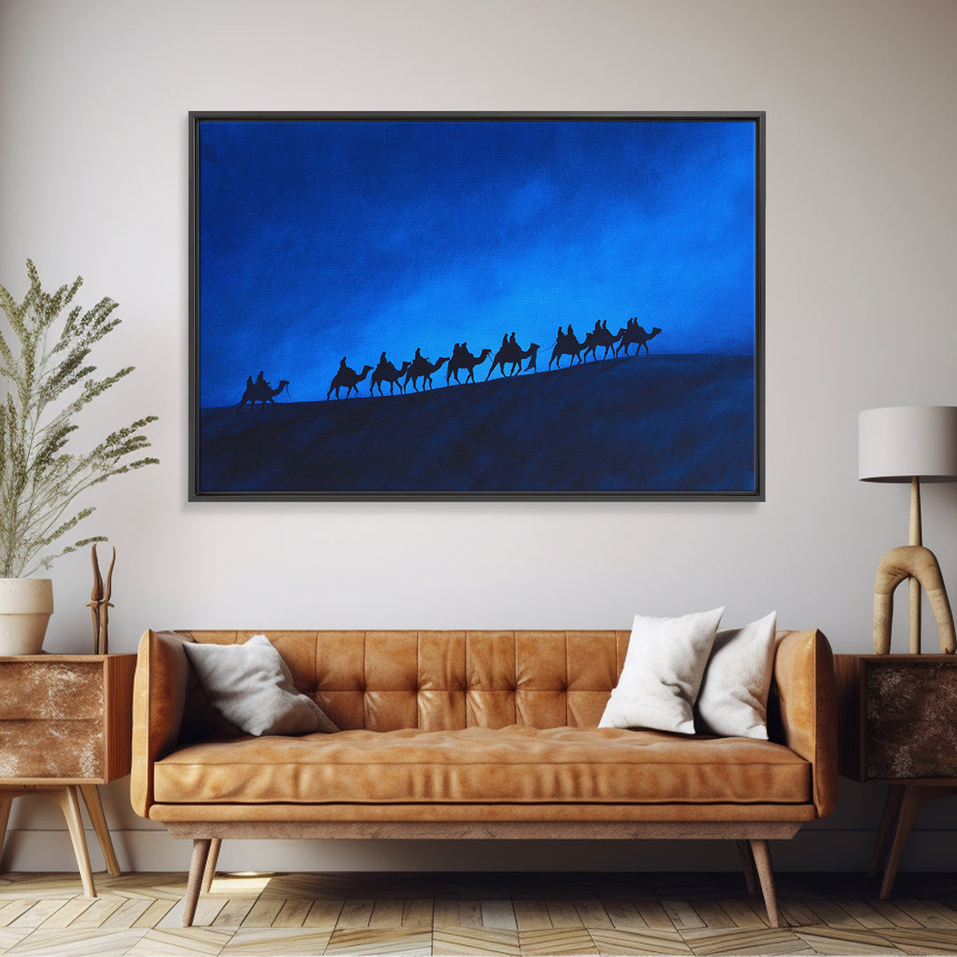 Blue Dune Camel Caravan Silhouette Framed Canvas Print, African Landscape, Sahara Travel Decor, Large Wall Art Prints For Living Room