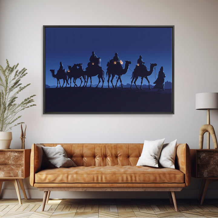 Midnight Camel Riders With Glowing Lanterns Canvas Print, African Safari Art, Blue Wall Decor, Moroccan Travel Gift For Home Decor