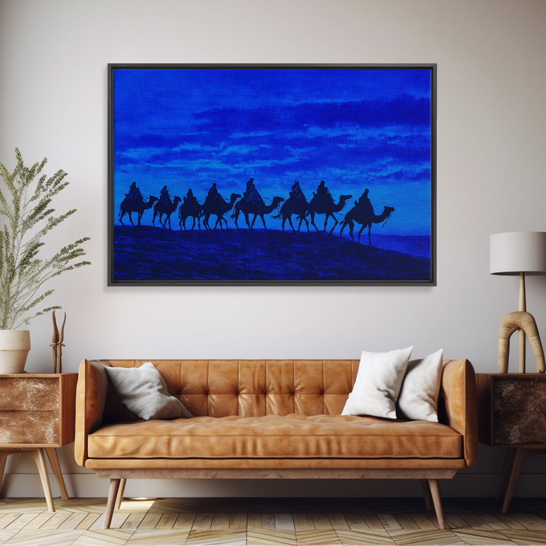 Textured Blue Camel Caravan On Ridge Wall Art, African Landscape Painting, Safari Decor, Boho Bedroom Wall Decor, Unique Home Decor
