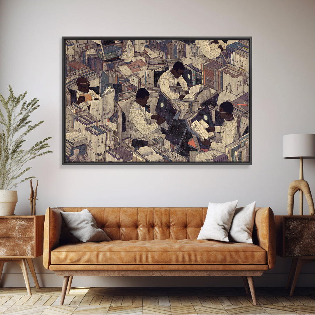 Surreal Black Scholars In Floating Book City Wall Art, Afrofuturism Decor, Black Culture Art, Unique Office Decor, Home Decor Gift