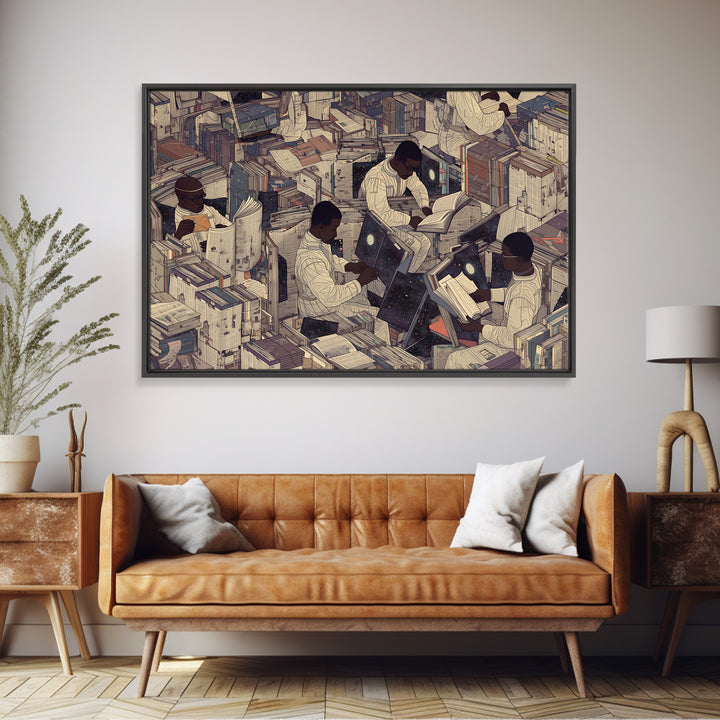 Surreal Black Scholars In Floating Book City Wall Art, Afrofuturism Decor, Black Culture Art, Unique Office Decor, Home Decor Gift