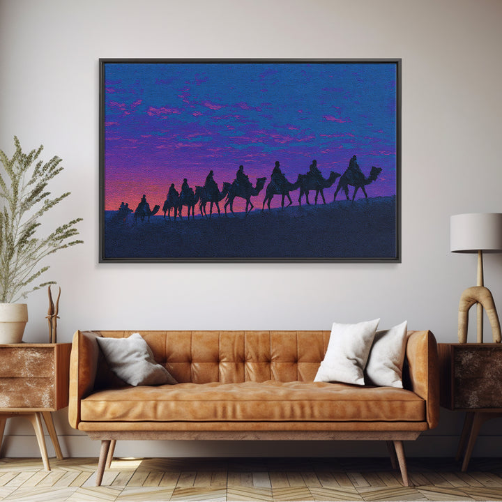 Purple Sunset Camel Caravan Silhouette Canvas Print, African Safari Art, Moroccan Travel Poster, Vibrant Wall Decor, Bedroom Wall Decor