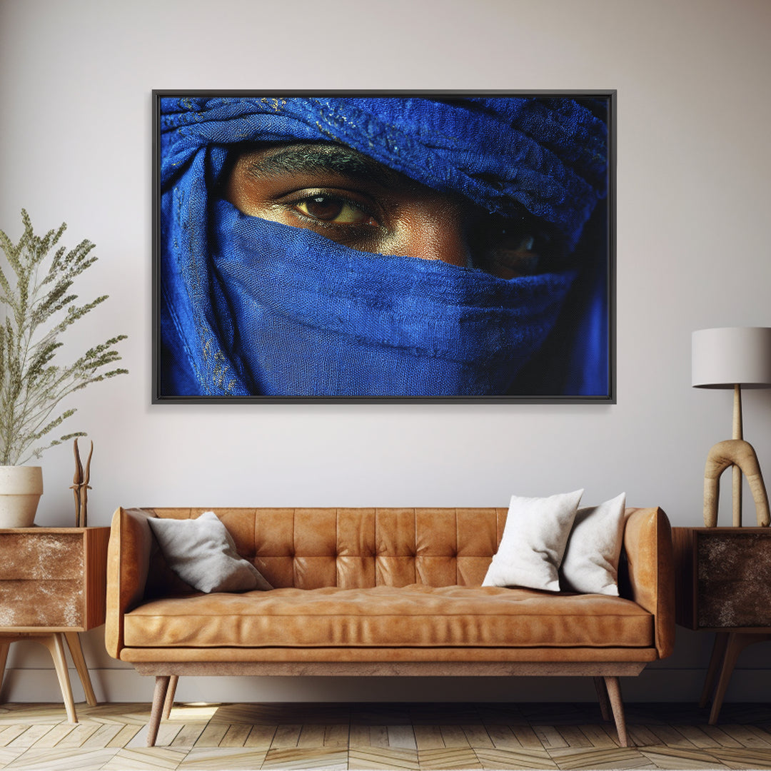 Blue Veiled Tuareg Eyes Portrait Framed Canvas Print, African Portrait, Moroccan Travel Art, Bold Cultural Wall Decor, Gift For Him