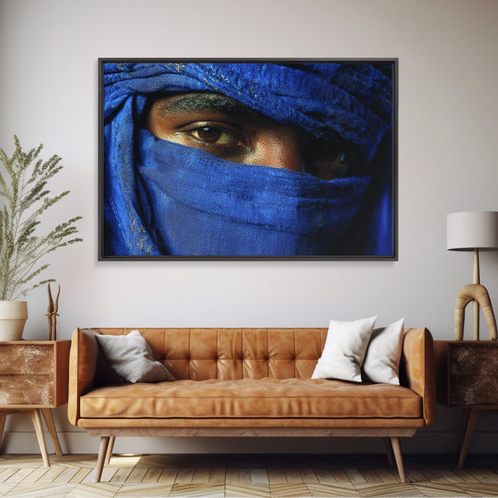 Blue Veiled Tuareg Eyes Portrait Framed Canvas Print, African Portrait, Moroccan Travel Art, Bold Cultural Wall Decor, Gift For Him