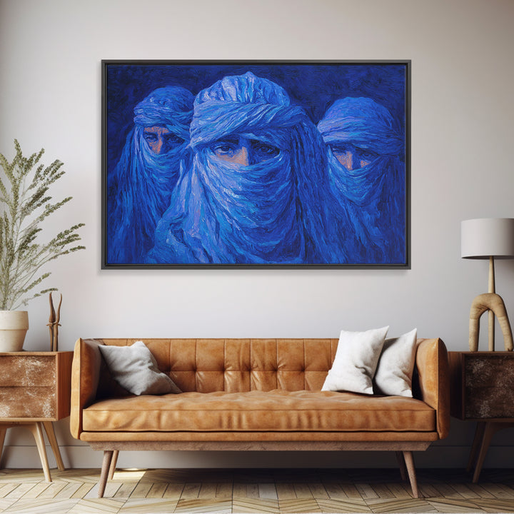 Blue Veiled Desert Nomad Portraits, African Wall Art, Tuareg Inspired Canvas Print, Afrocentric Decor, Bold Blue Gift For Home