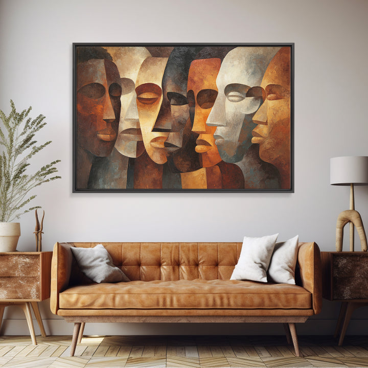 Earth Tone Abstract African Masks, Canvas Print, Cubism Wall Art, Tribal Faces, Modern Afrocentric Home Decor Gift For Living Room