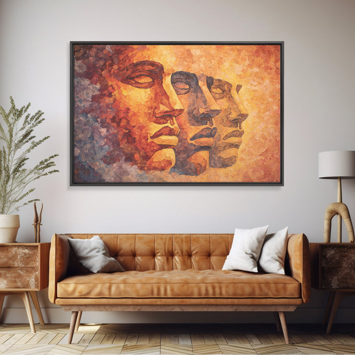 Textured Orange Ancestral Face Profiles, Framed Canvas Print, Abstract African Art, Warm Earth Tone Portrait Wall Decor Gift