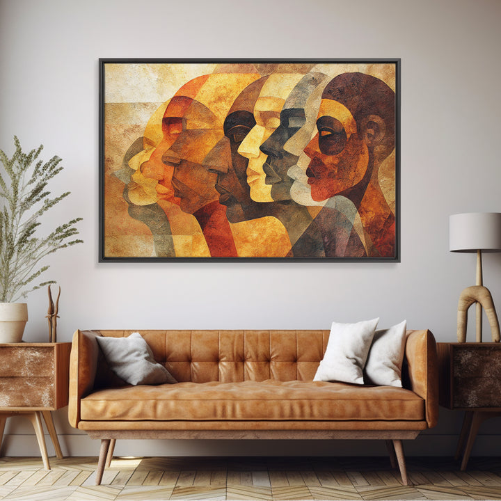 Layered African Profiles In Gold And Terracotta, Wall Art, Modern Canvas Print, Cultural Portrait Decor, Statement Gift For Home