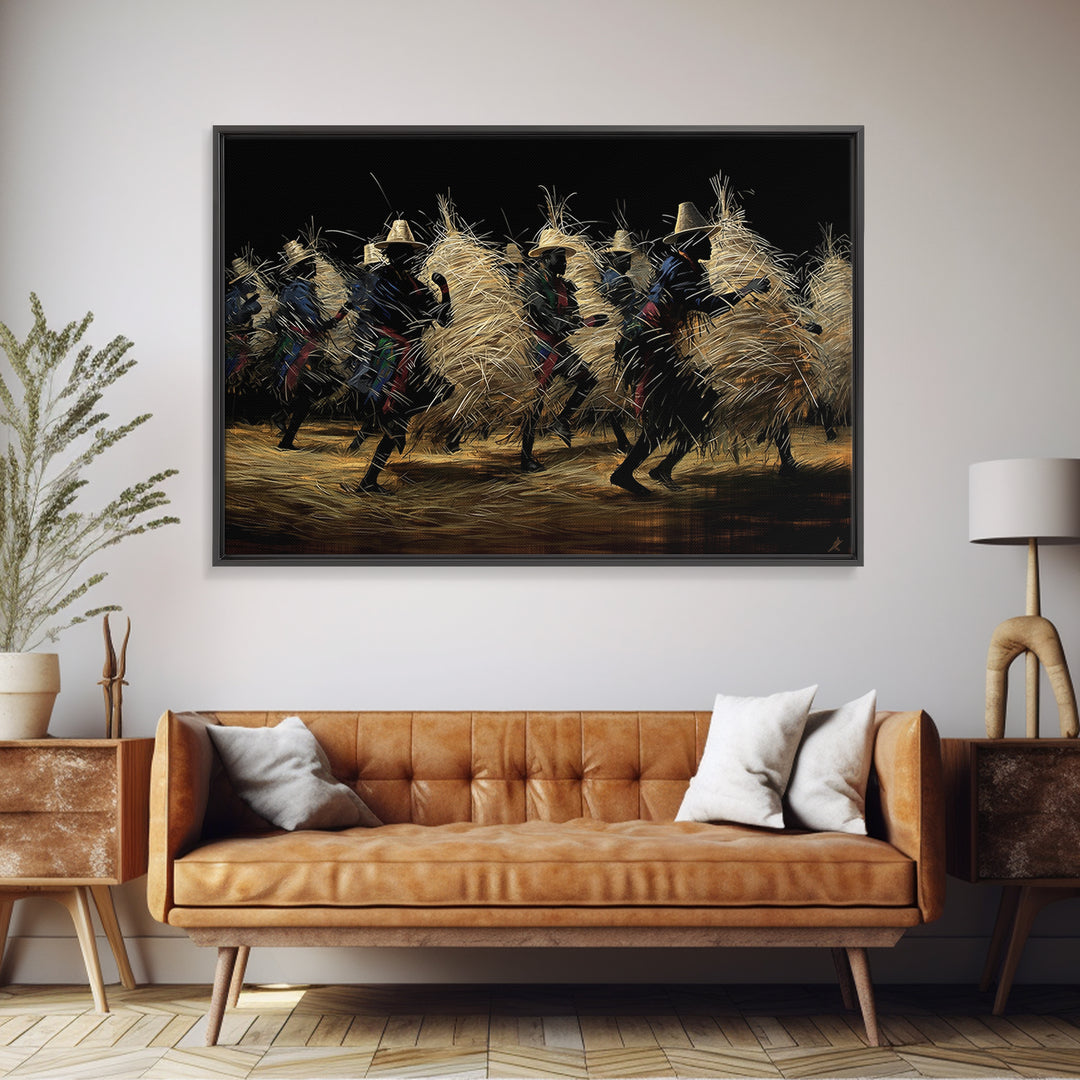 Night Straw Masquerade Dancers Framed Canvas Print, African Tribal Art, Cultural Wall Decor, Black Background Artwork, Gift