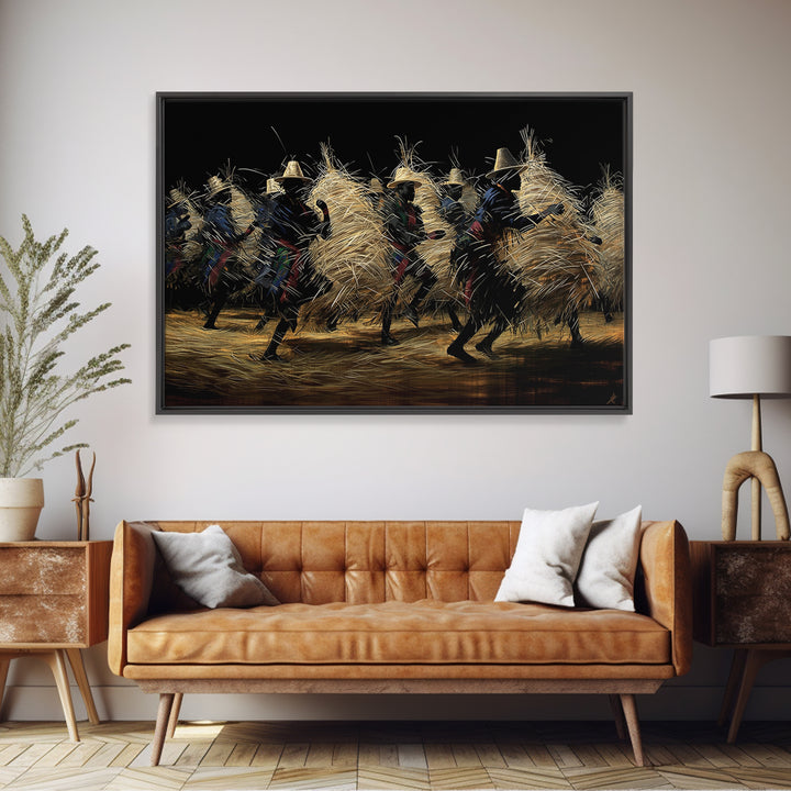 Night Straw Masquerade Dancers Framed Canvas Print, African Tribal Art, Cultural Wall Decor, Black Background Artwork, Gift