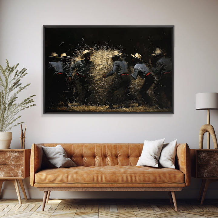 Midnight Harvest Dancers With Straw Wall Art, African Culture Art, Rustic Black Decor, Dynamic Canvas Print Gift For Him