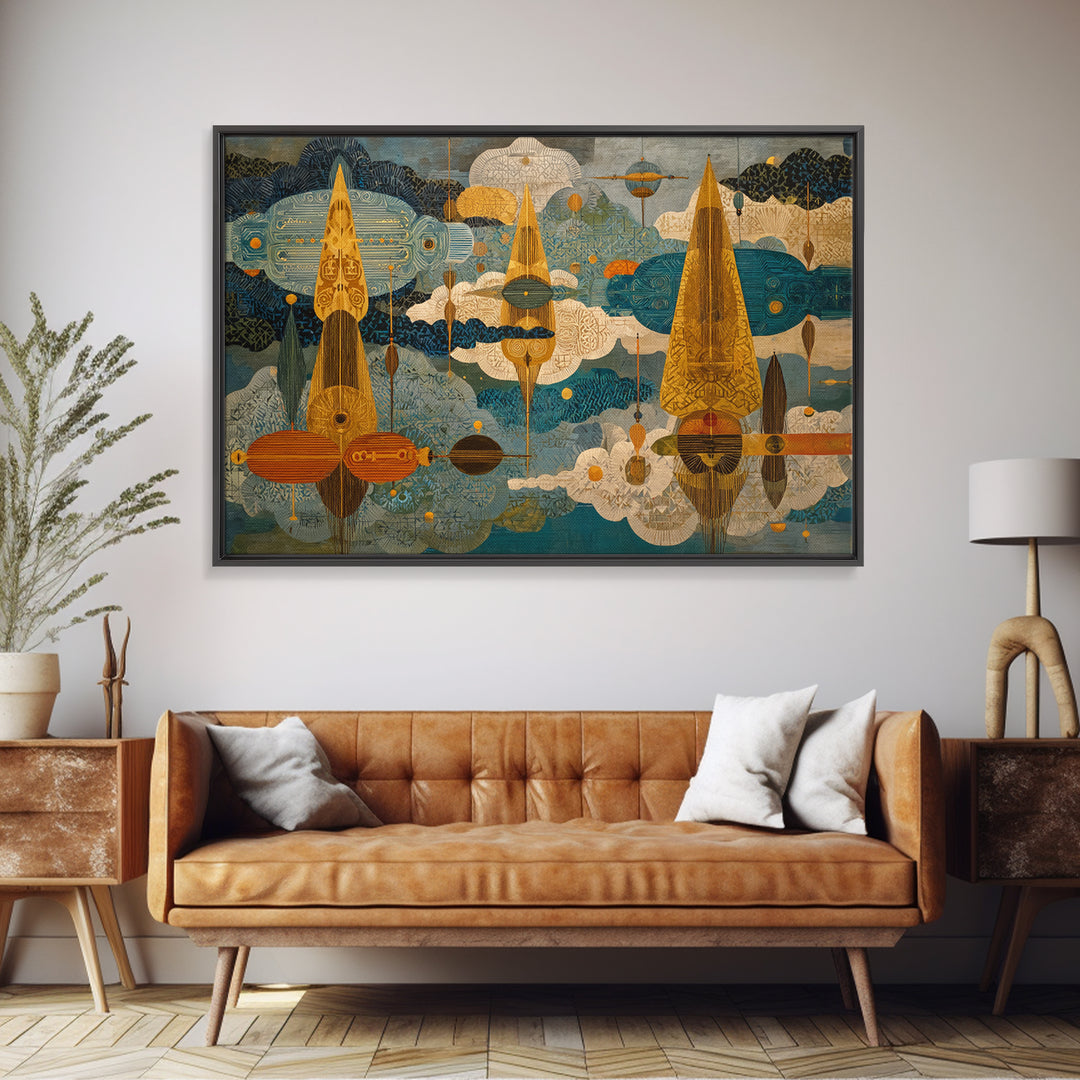 Golden Abstract African Patterned Sky Wall Art, Modern Geometric Canvas Print, African Decor, Boho Cultural Artwork, Home Decor