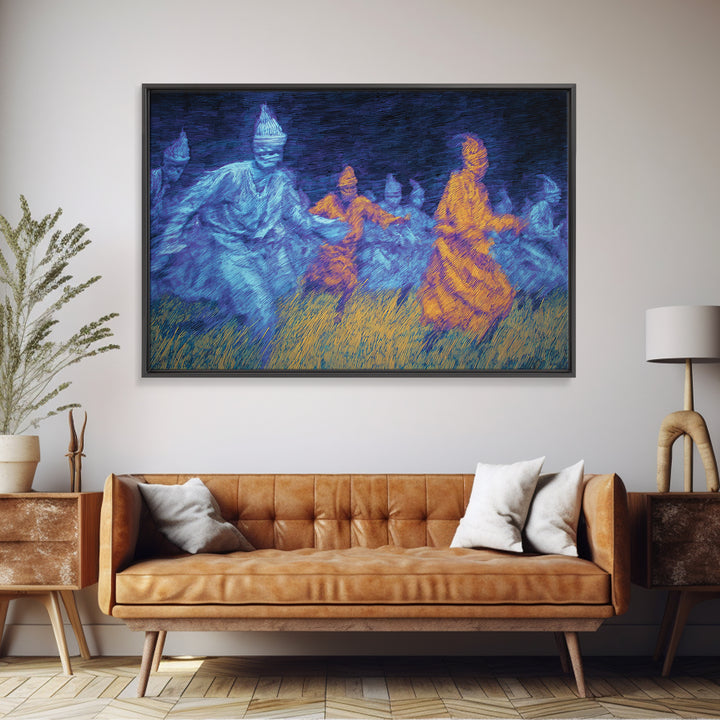 Blue And Orange African Spirit Dancers Wall Art, Cultural Tribal Art Print, Black History Decor, Afrocentric Canvas Print