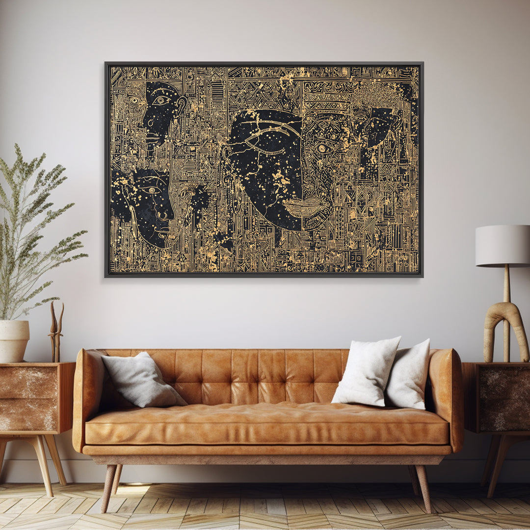 Golden Ancestral Faces And Geometric Tribal Patterns Wall Art, Afrocentric Black Culture Decor, Modern African Canvas Print