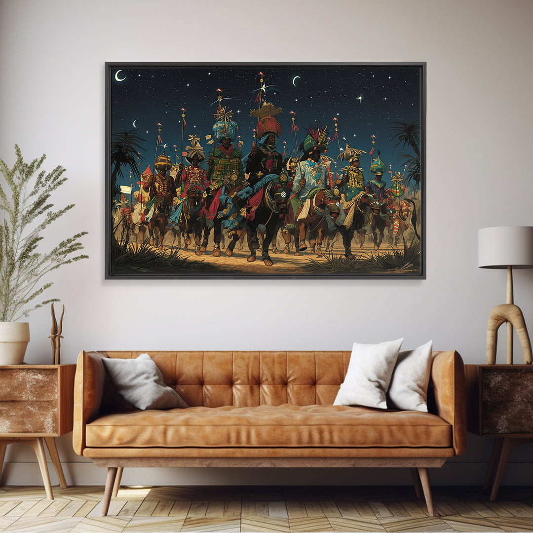 Starry Desert African Warriors On Horseback Framed Canvas Print, Tribal Procession Wall Decor, Afrocentric Safari Art Gift
