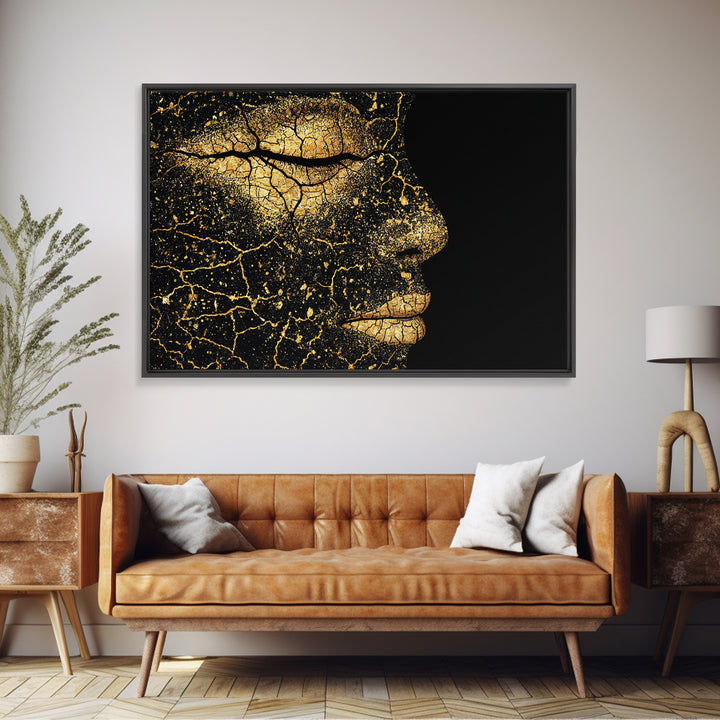 Golden Cracked Black Woman Profile Portrait Wall Art, Elegant Afrocentric Decor, Modern Black Art Print, Luxury Canvas Gift