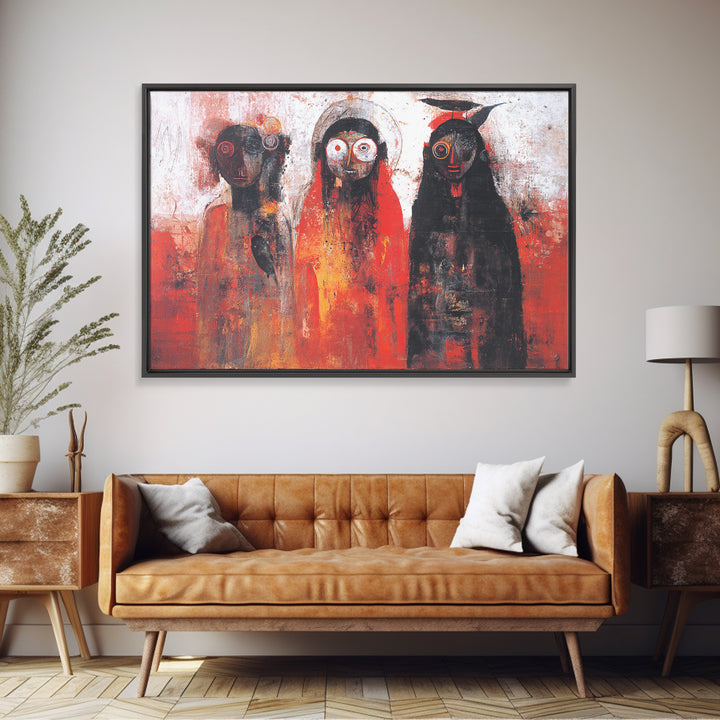 Mystic Three Tribal Figures In Red And Black Abstract Wall Art, African Mask Art Decor, Spiritual Afrocentric Canvas Print