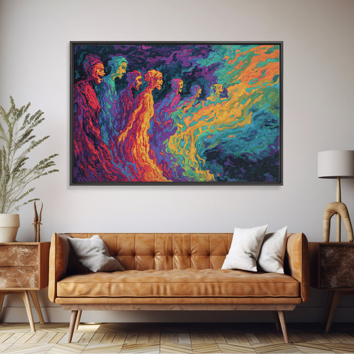 Vibrant Spectral Figures Facing A Swirling Cosmic Sea Canvas Print, Abstract African Art, Colorful Wall Decor Gift, Modern Art