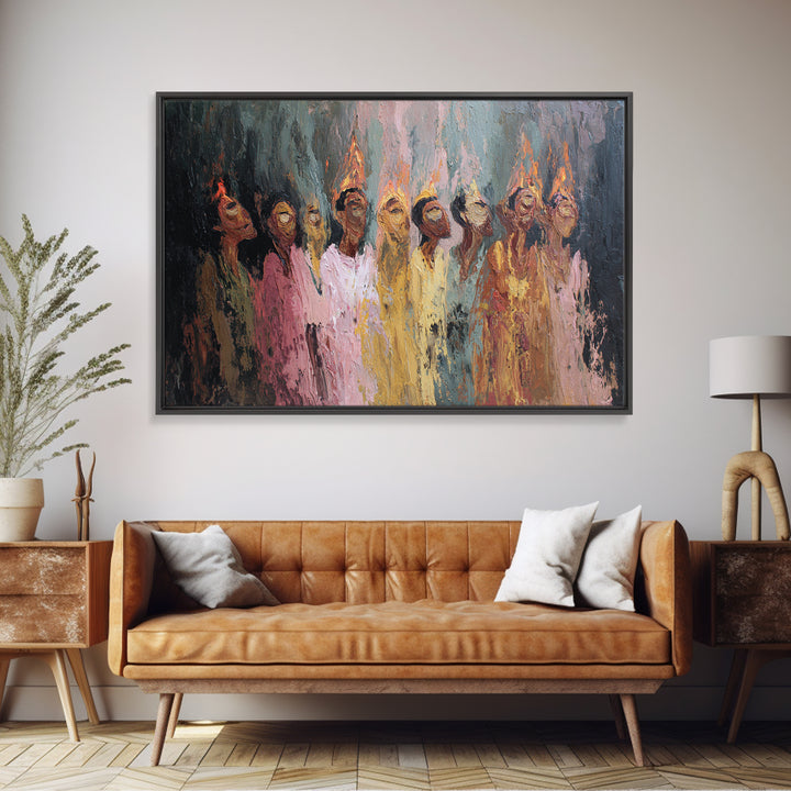 Textured Women In Fiery Robes With Tall Flame Crowns Framed Canvas Print, African Women Art, Elegant Wall Decor, Home Decor Gift