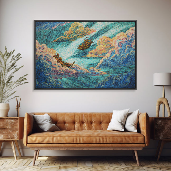 Dreamy Boats Sailing Through Clouds And Turquoise Waves Canvas Print, African Inspired Fantasy Wall Art, Colorful Decor Gift
