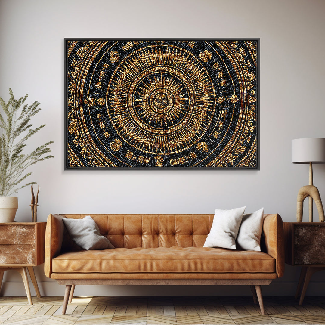 Gold Black African Mandala Bead Pattern Framed Canvas Print, Spiritual Circle Wall Decor, Elegant Ethnic Home Decor Gift