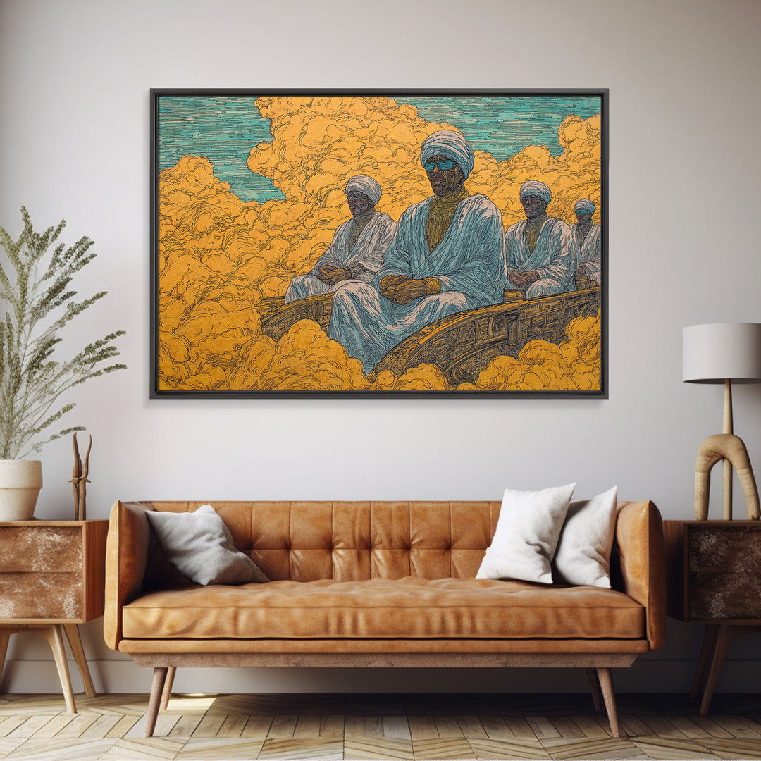 African Men In White Robes On Golden Cloud Canvas Print, Surreal Desert Journey, Cultural Wall Decor, Ethnic Home Decor Gift