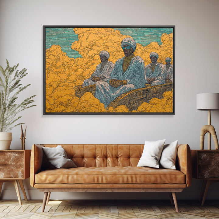 African Men In White Robes On Golden Cloud Canvas Print, Surreal Desert Journey, Cultural Wall Decor, Ethnic Home Decor Gift