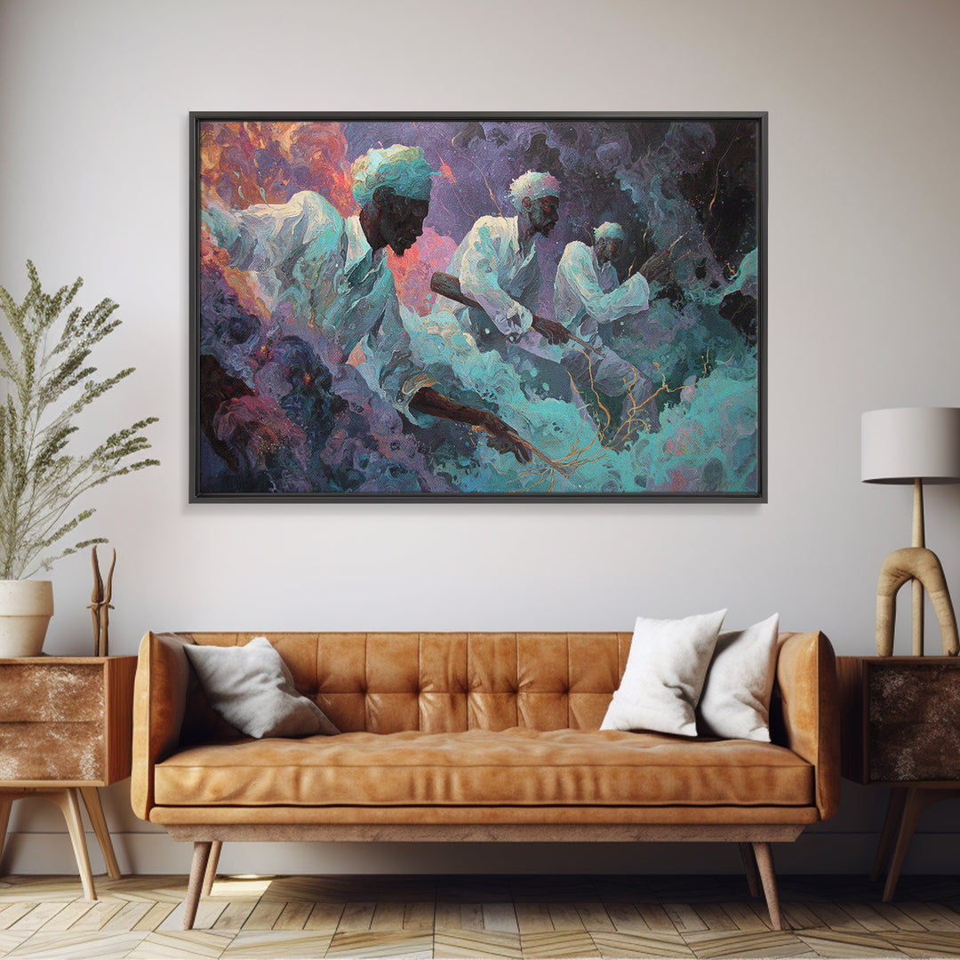 Mystical African Men In White Robes Canvas Print, Dreamy Cosmic Smoke Painting, Spiritual Afrocentric Wall Decor, Home Decor