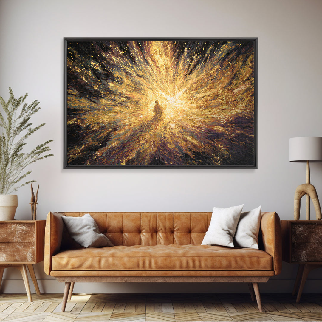 Radiant Golden Spiritual Figure Wall Art, Abstract Light Burst Painting, Mystical Afrocentric Decor, Statement Home Decor
