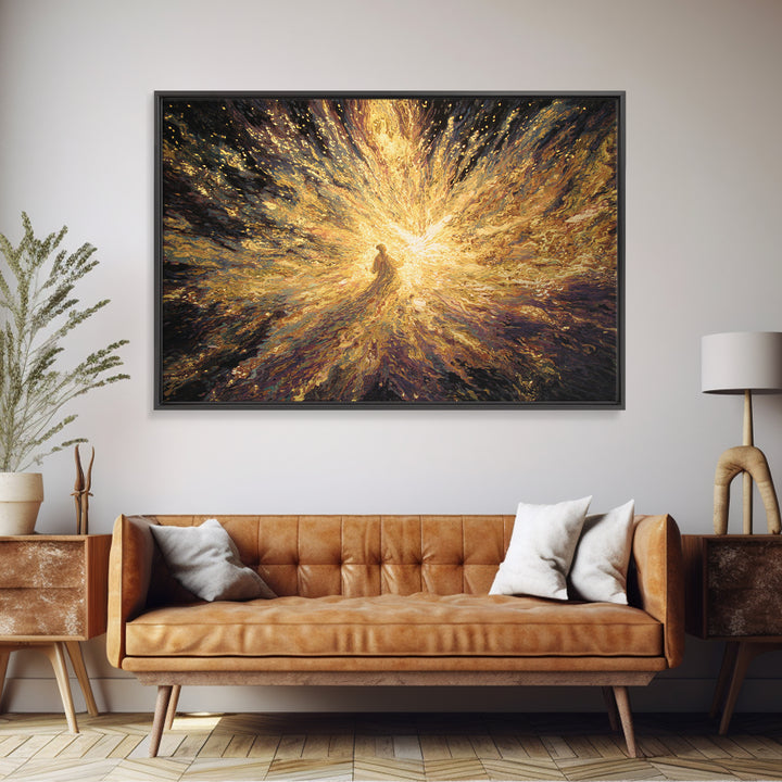 Radiant Golden Spiritual Figure Wall Art, Abstract Light Burst Painting, Mystical Afrocentric Decor, Statement Home Decor