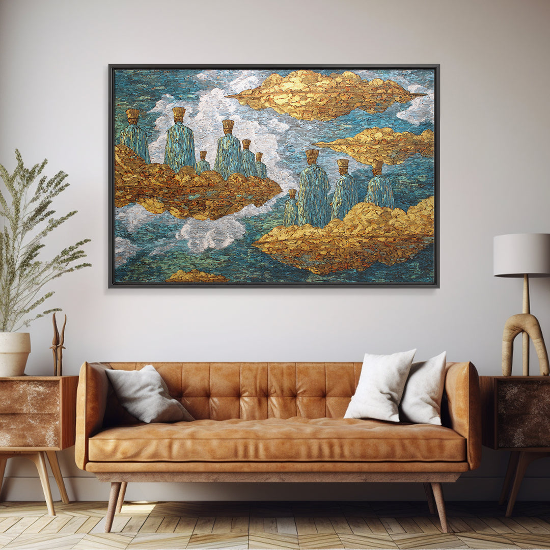 Surreal Floating Island Figures Wall Art, Blue And Gold African Inspired Decor, Dreamy Abstract Ethnic Art Print, Modern Canvas