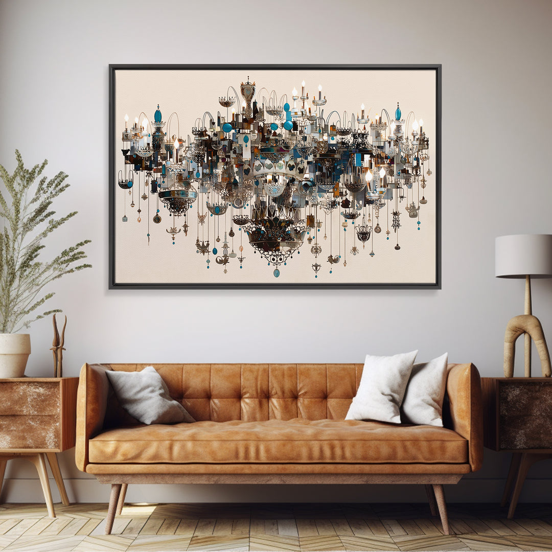 Ornate Blue Jewel Chandelier Framed Canvas Print, Luxury Lighting Wall Decor, Elegant Home Decor, Maximalist Statement Art