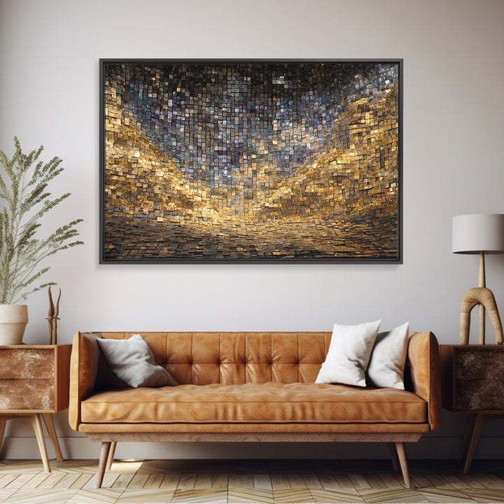 Golden Mosaic Tile Abstract Wall Art, Blue Gold Geometric Canvas Decor, Luxury Textured Art Print, Modern Statement Wall Decor
