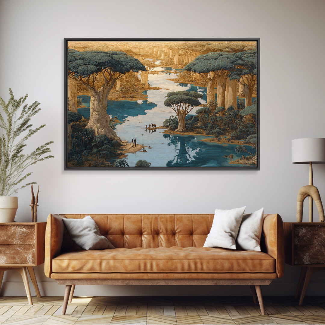 Golden Baobab River Landscape Wall Art, African Safari Decor, Fantasy Nature Scene Art, Earth Tone Canvas Print For Living Room