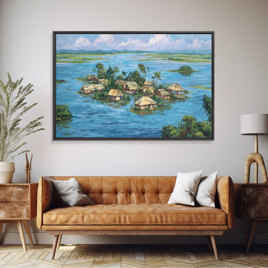 Tropical Island Village Canvas Print, Blue Water Palm Hut Landscape, Africa Inspired Coastal Wall Art, Nature Decor Gift