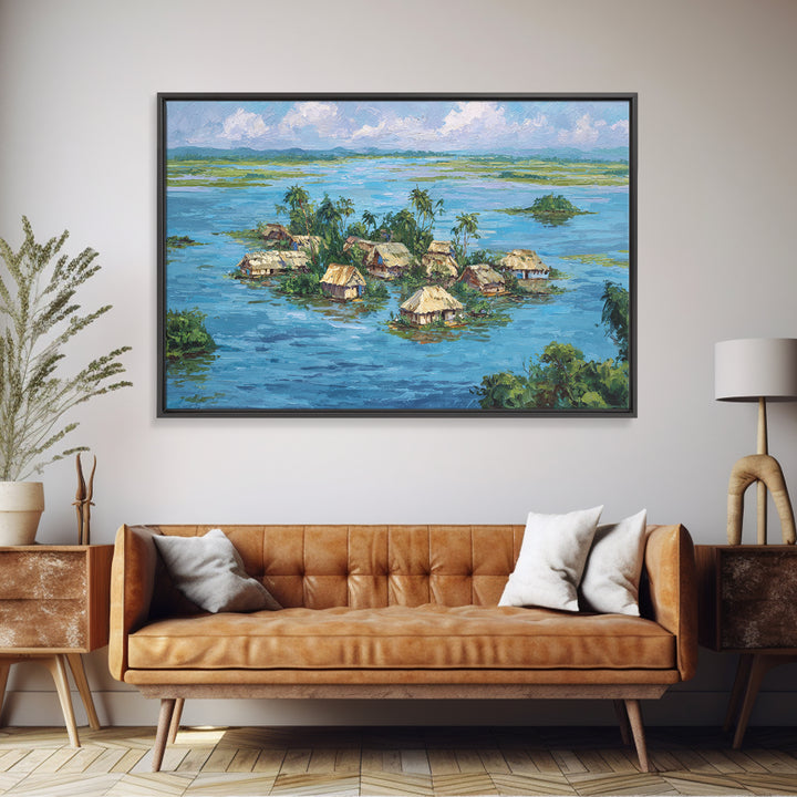 Tropical Island Village Canvas Print, Blue Water Palm Hut Landscape, Africa Inspired Coastal Wall Art, Nature Decor Gift