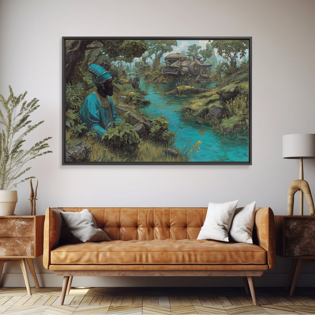 Blue Robed African Man By Jungle River Wall Art, Steampunk Train Landscape, Afrocentric Decor, Modern African Art Print Gift