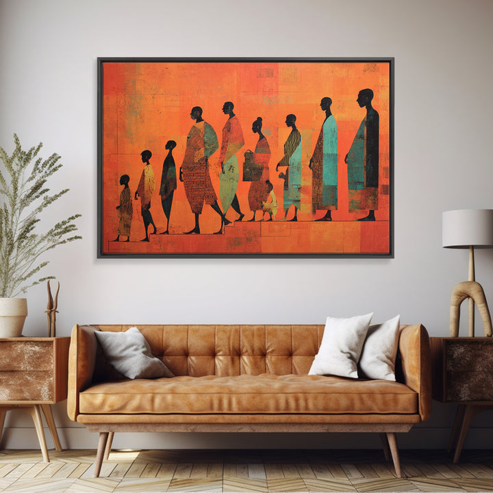 African Family Silhouette Wall Art, Orange Abstract Canvas Print, Ancestral Journey Decor, Black Culture Home Decor Gift