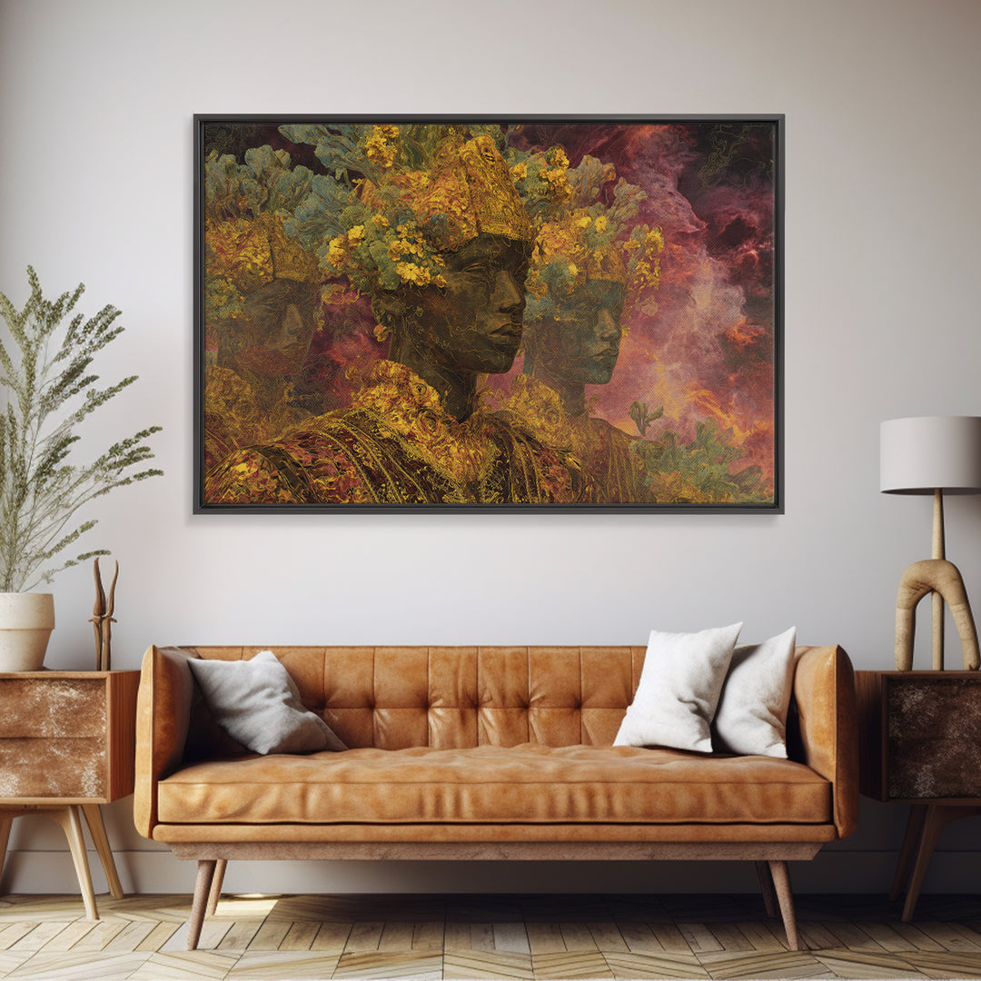 African Queen Portrait Wall Art, Floral Goddess Canvas Print, Modern African Beauty Decor, Dreamy Cultural Elegant Home Decor Gift