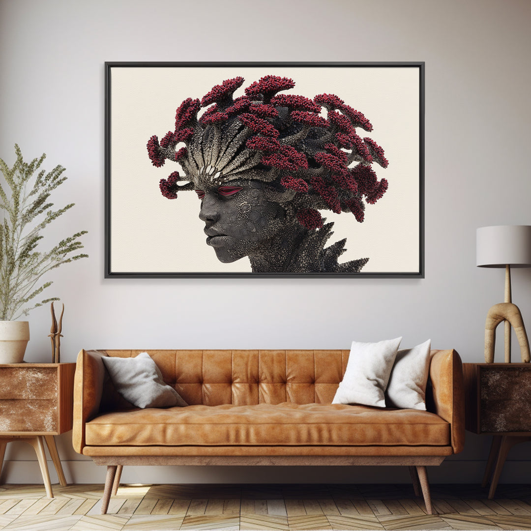 Afrofuturist Woman Portrait Wall Art, Red Coral Hair Canvas Print, Black Goddess Decor, Bold African Beauty Gift For Her