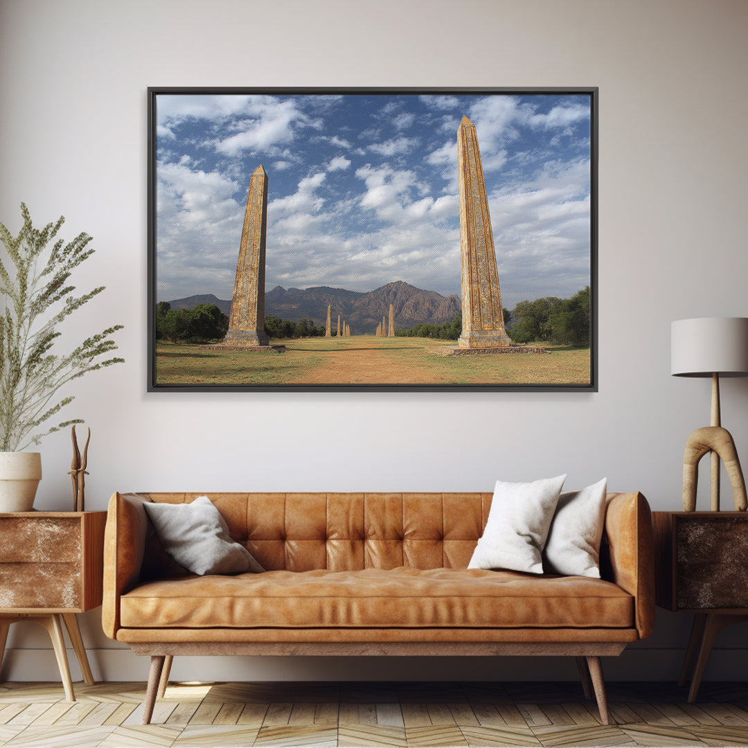 Ancient African Obelisks Wall Art, Monument Landscape Canvas Print, Ethiopia Inspired Travel Decor, Cultural Home Art Gift