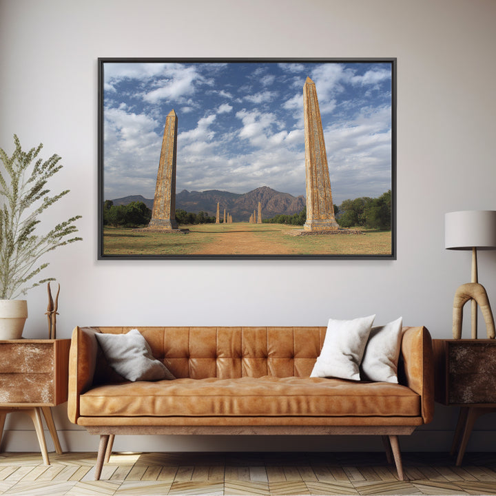 Ancient African Obelisks Wall Art, Monument Landscape Canvas Print, Ethiopia Inspired Travel Decor, Cultural Home Art Gift