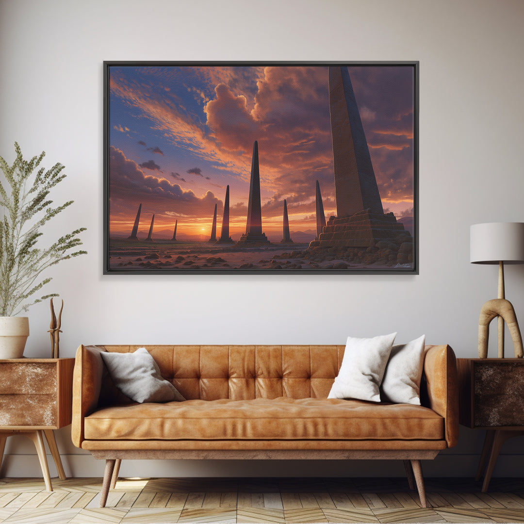 Sunset Desert Obelisks Wall Art, Ancient Monument Canvas Print, African Landscape Decor, Dramatic Travel Home Gallery Gift