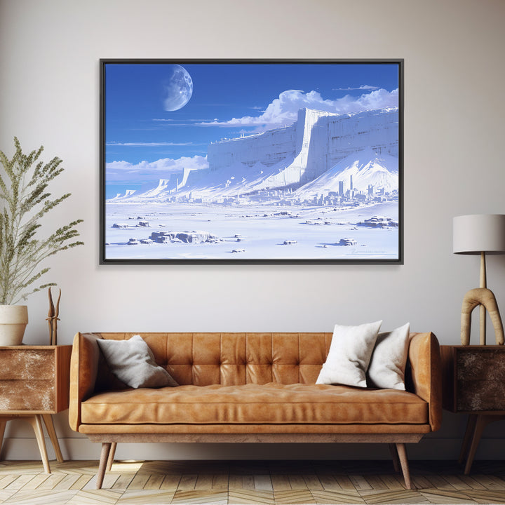 Blue Ice Citadel Moon Landscape Canvas Print, Dreamy Wall Art, Modern Canvas Art, Large Blue Office Decor, Housewarming Gift