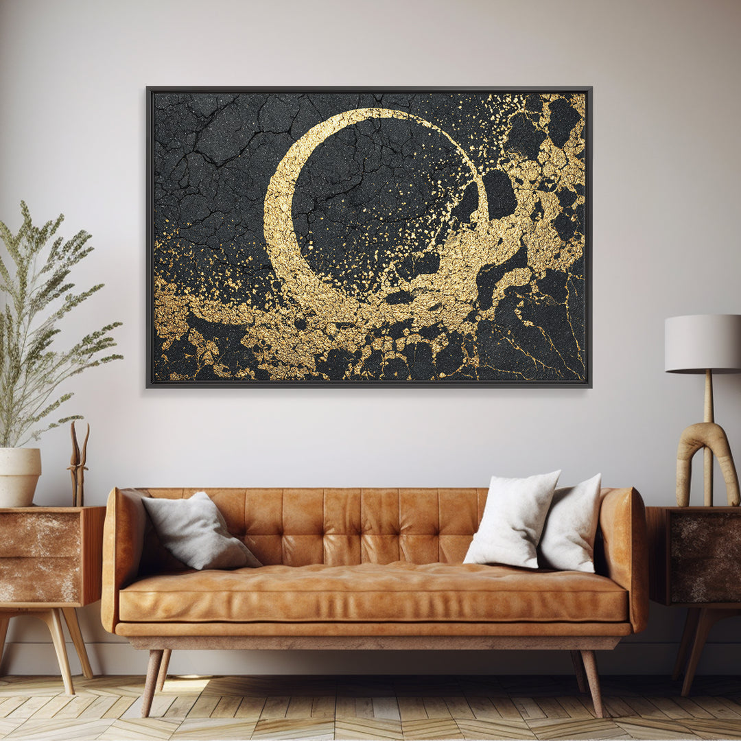 Gold Crescent On Cracked Black Stone Wall Art, Abstract Black Art, Luxury Canvas Art, Spiritual Statement Modern Home Decor Gift