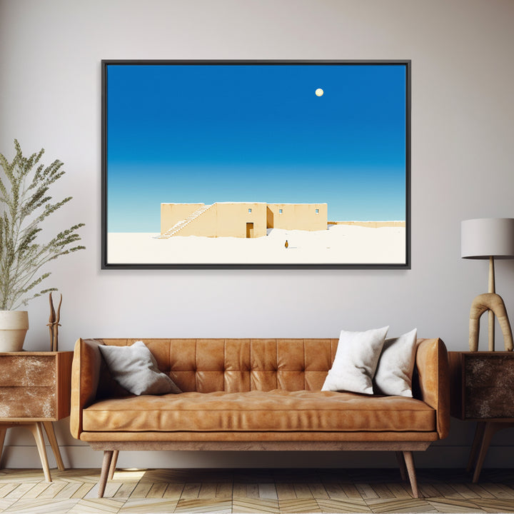 Minimalist Adobe Desert House Canvas Print, Blue Sky Architecture, Beige Wall Art, Modern Southwestern Style Home Decor Gift